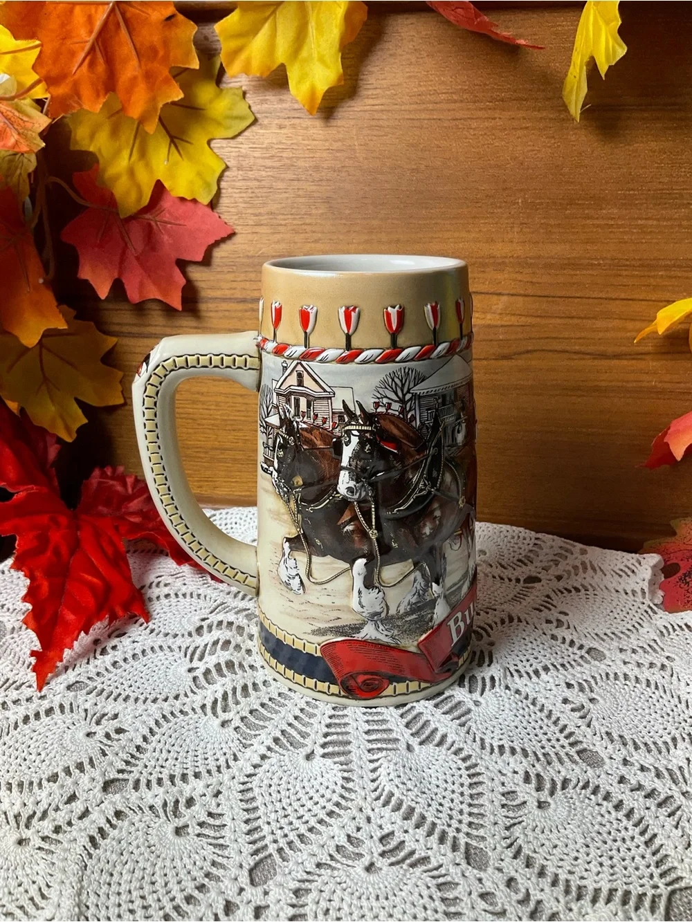 Vintage 1986 Budweiser Clydesdales B Series Holiday Beer Stein Ceramarte